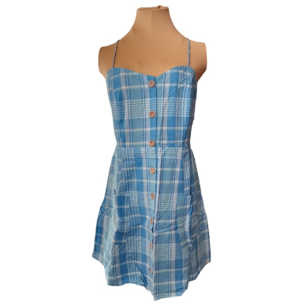 NWT Sisstrevolution Blue Plaid Low Square Back Midi Dress Jr's‎ Large